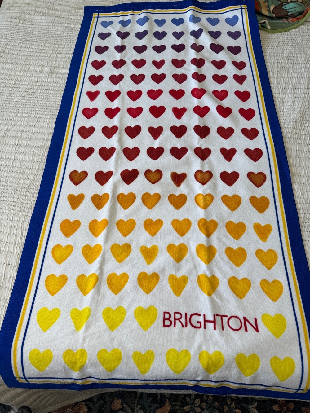 Brighton Heart-Print Beach Towel in Blue, Red, Yellow